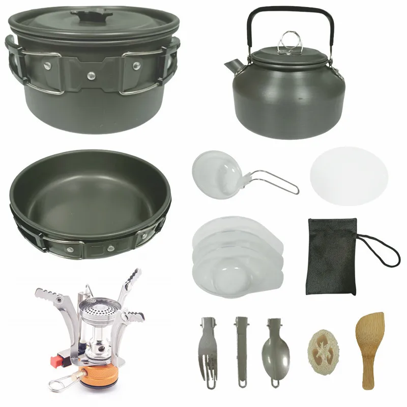 Набор посуды для кемпинга, портативная походная плита с антипригарным покрытием, легкие кастрюли, сковорода и ложка из нержавеющей стали для походов на открытом воздухе