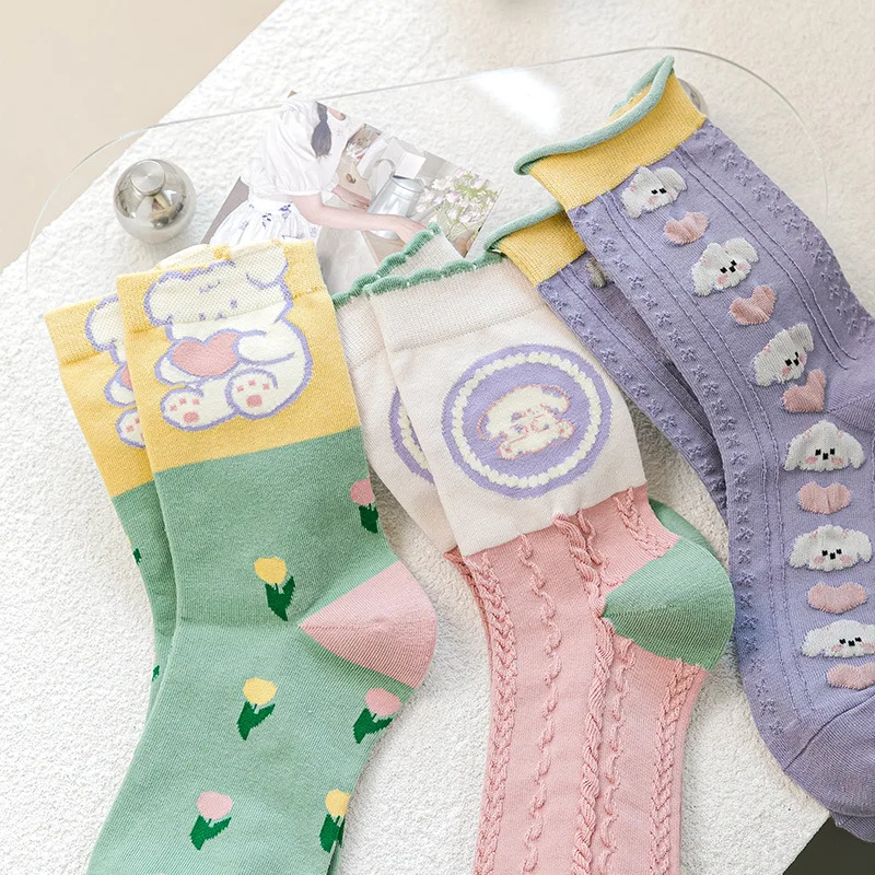 Носки летние тонкие женские милые каваи в стиле харадзюку, чулки с мультяшными кроликами и животными, хлопковые носки с оборками для девочек в подарок
