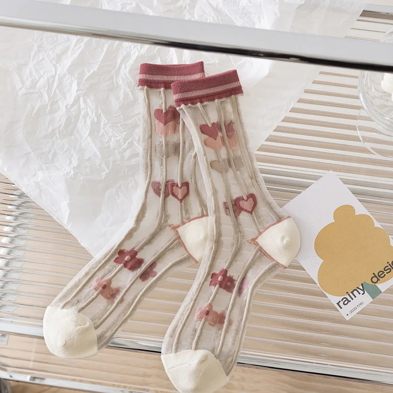 6 цветов Ультратонких прозрачных носков-тюльпанов с вышивкой, эластичная Средняя трубка, дышащие женские летние носки в стиле ретро, Один размер