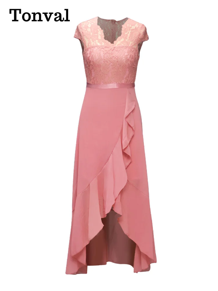 Длинные платья Tonval с V-образным вырезом, винтажными кружевами и сетчатыми оборками, вечерние платья с короткими рукавами, Элегантное платье Макси с высоким низким подолом